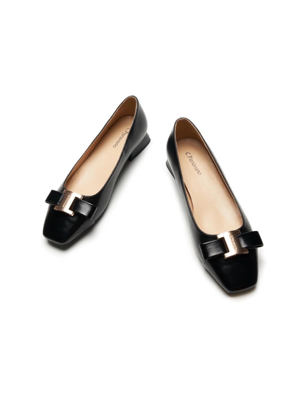 Black Women's Square-Toe Bow Flats with Gold Accent